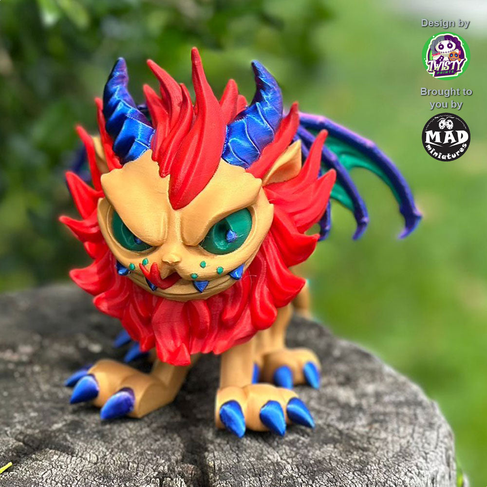 Manticore on a tree trunk, staring intensely with glowing green eyes, her fiery mane and majestic wings visible in this captivating pose