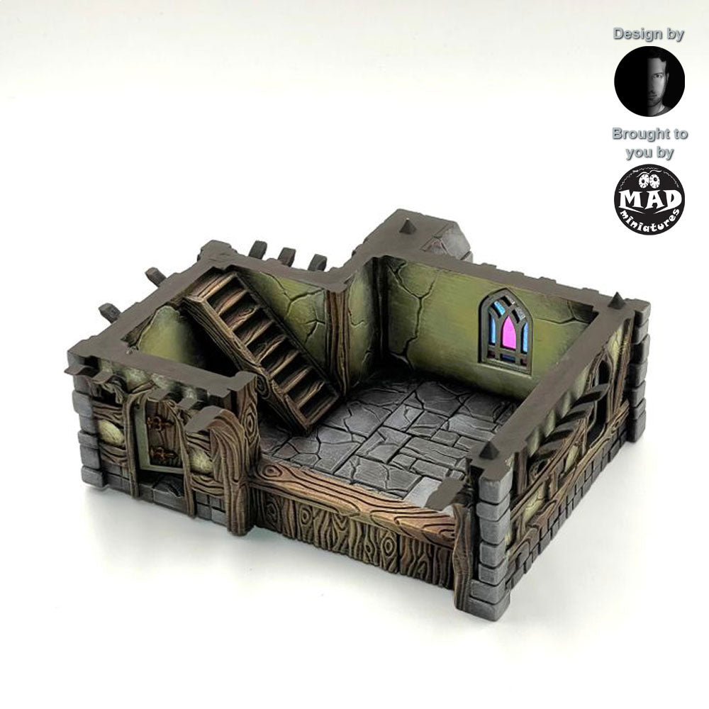 Fully painted first floor of the Merchant's House terrain, featuring medieval living quarters with detailed walls and furnishings
