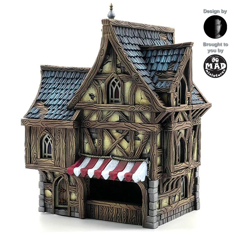 Fully painted Merchant's House tabletop terrain piece, featuring a three-story medieval building with intricate details, vibrant colors, and a quaint shopfront