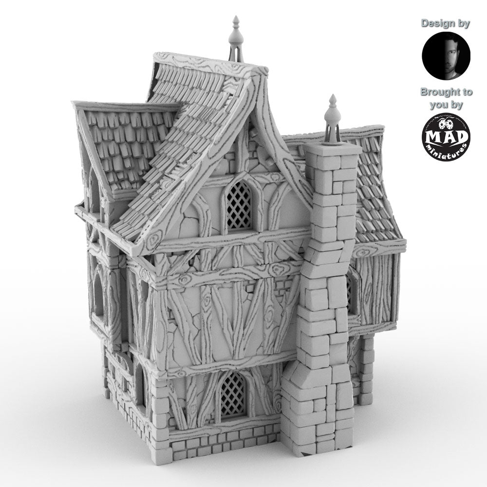 Back view render of the Merchant's House terrain piece, featuring a three-story medieval design with detailed textures and openable sections