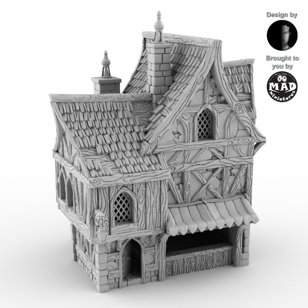 Front view render of the Merchant's House terrain piece, showcasing its three-story medieval design with intricate architectural details