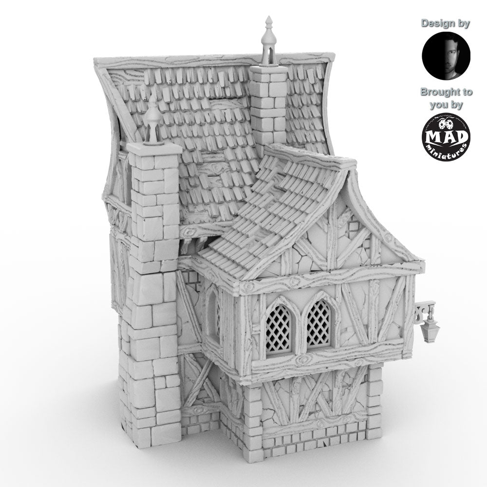 Left side render of the Merchant's House terrain piece, showcasing intricate medieval architectural details and a three-story layout