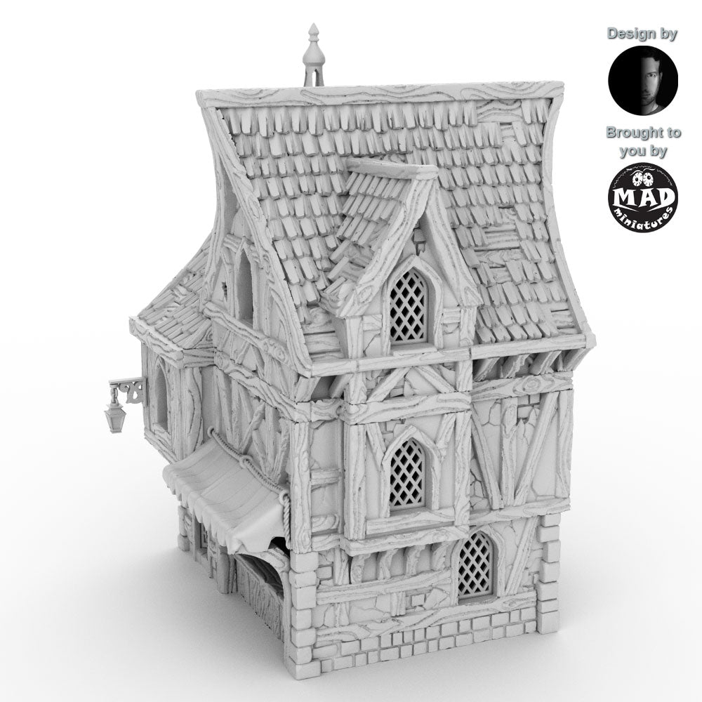 Right side render of the Merchant's House terrain piece, highlighting its detailed medieval architecture and multi-level design
