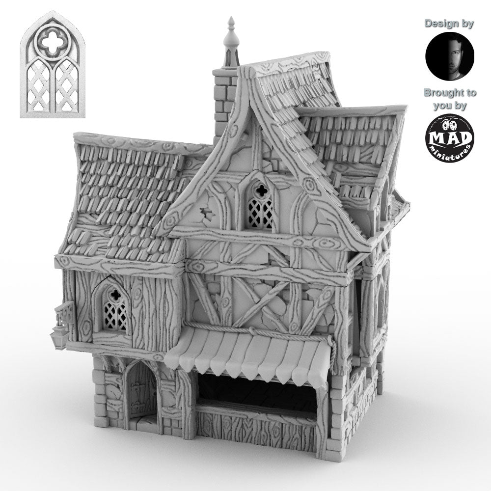 Render of the Merchant's House with window version 1, featuring intricate medieval window design as part of the building's detailed exterior