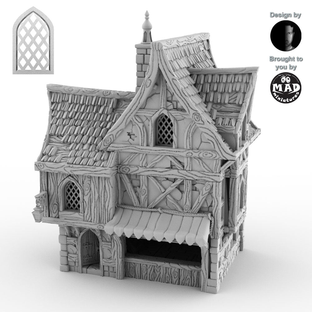 Render of the Merchant's House with window version 2, showcasing a different medieval window design, enhancing the building's charming exterior