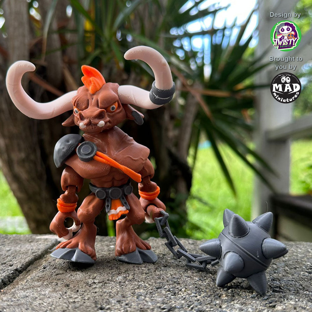 Articulated Minotaur figure with a morning star on a chain, inspired by Greek mythology. Designed by Twisty Prints and made by Mad Miniatures.