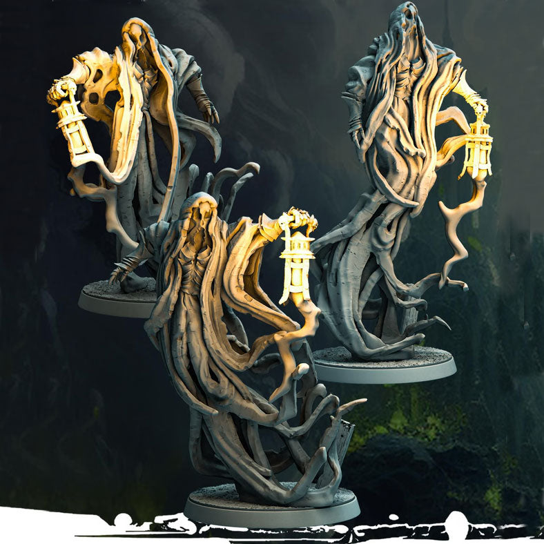 Three Shrieking Hags miniatures from Mad Miniatures, designed by Monolith. Ghostly figures twisted by dark magic, each holding a lantern for tabletop games.