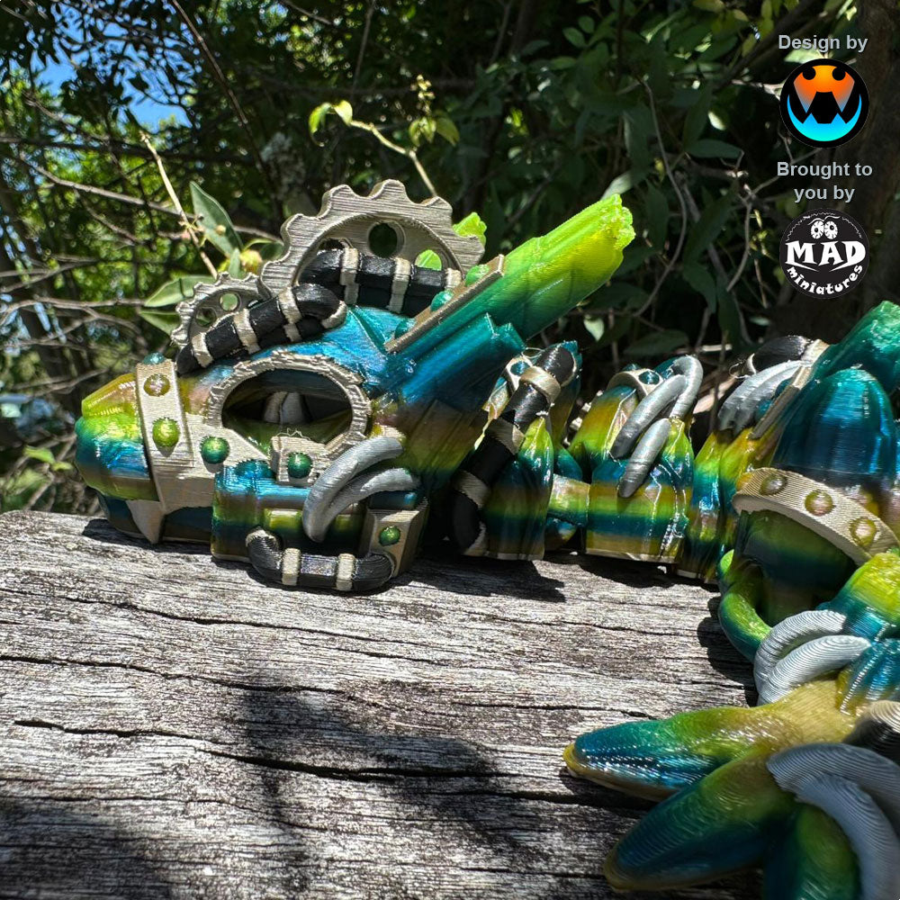 Close-up of the head of the XL articulated steampunk dragon, featuring iridium gears, black tubes, and metallic accents