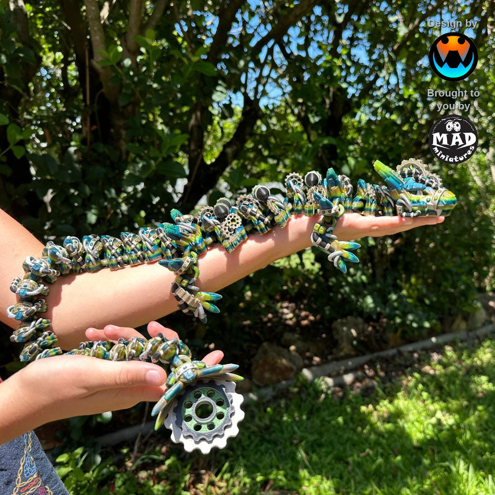 XL articulated steampunk dragon held by a person, showcasing its large size and intricate steampunk design