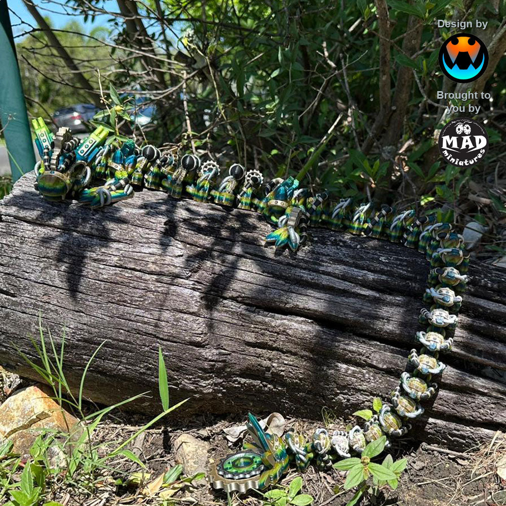 XL articulated steampunk dragon perched on a tree trunk, highlighting its powerful design and mechanical components