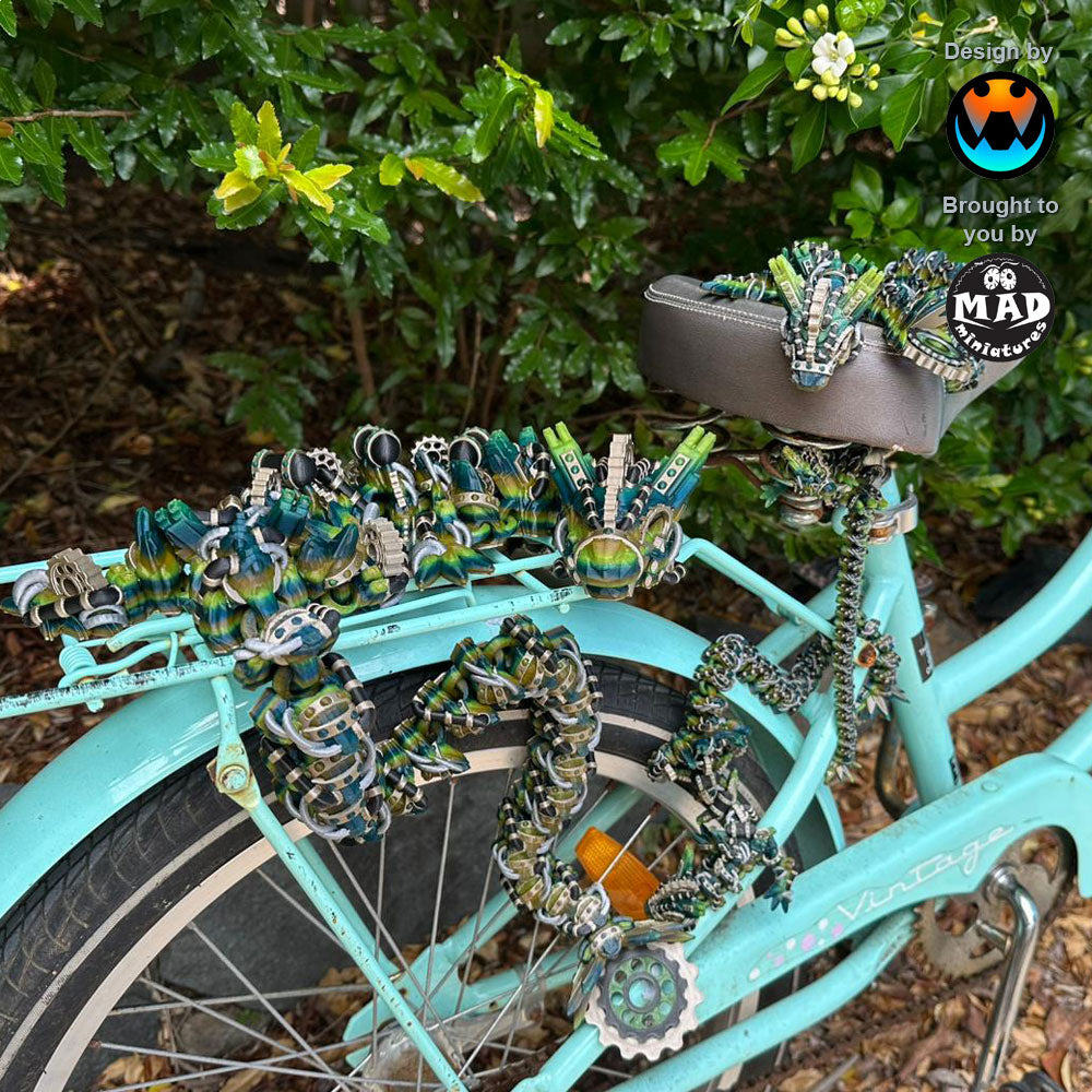 Four articulated steampunk dragons with gears and pipes riding on a vintage bike