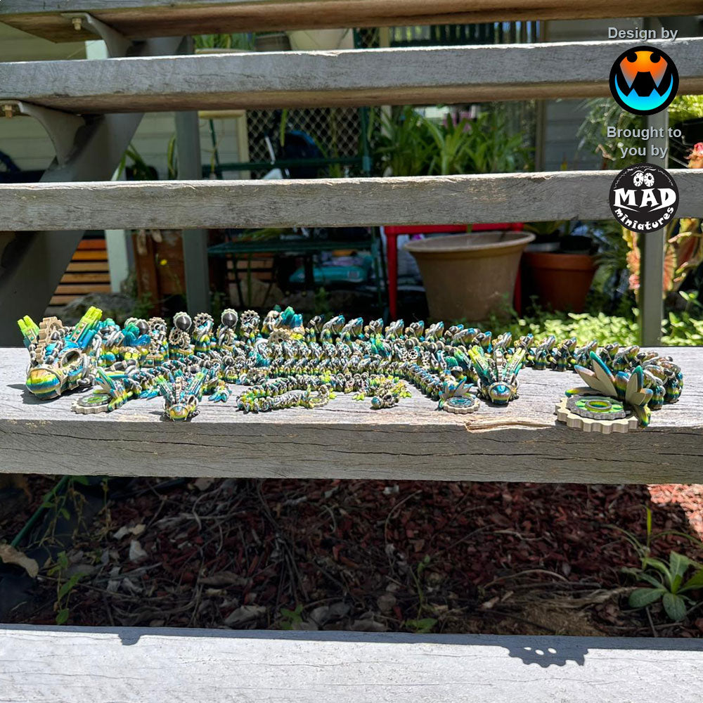 Four articulated steampunk dragons climbing a set of stairs, showcasing intricate mechanical details