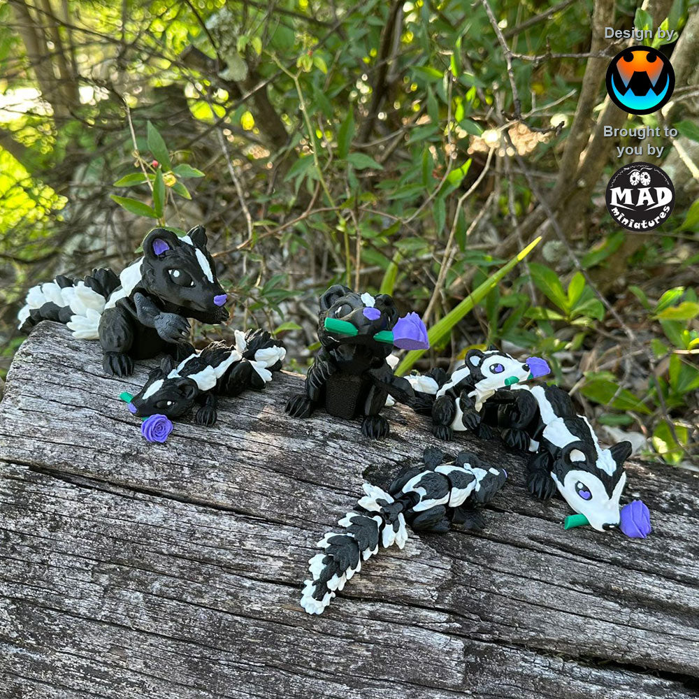 Purple Sweetheart Skunks from Mad Miniatures, designed by Cinderwing, sitting on a fallen tree, featuring all six versions, with and without roses, in small and normal sizes.