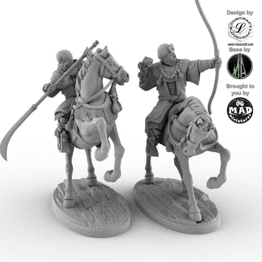 Two Mounted Ikko Ikki Monks with bow and naginata – 28 mm miniatures Twin Spirits of Rebellion by Mad Miniatures and Iain Lovecraft
