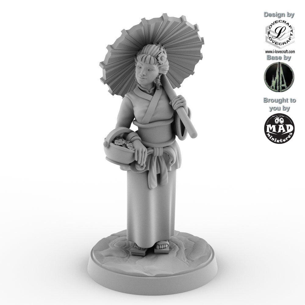 28 mm Japanese lady miniature with parasol and flower basket, Iain Lovecraft