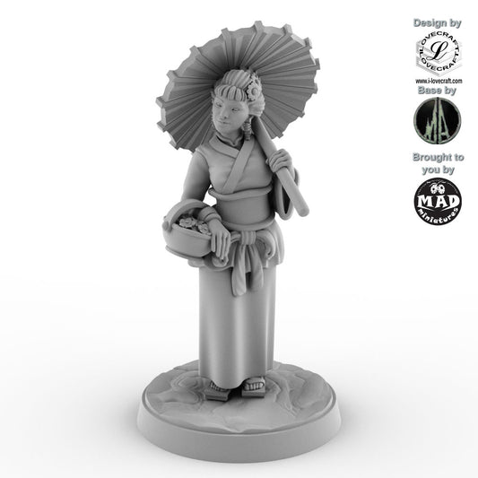 28 mm Japanese lady miniature with parasol and flower basket, Iain Lovecraft