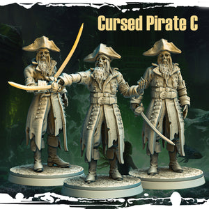 Cursed Pirate C: The Duelist of the Abyss - a skeletal pirate wielding a glowing blade, clad in a barnacle-strewn coat, designed by Monolith Arts for Mad Miniatures.