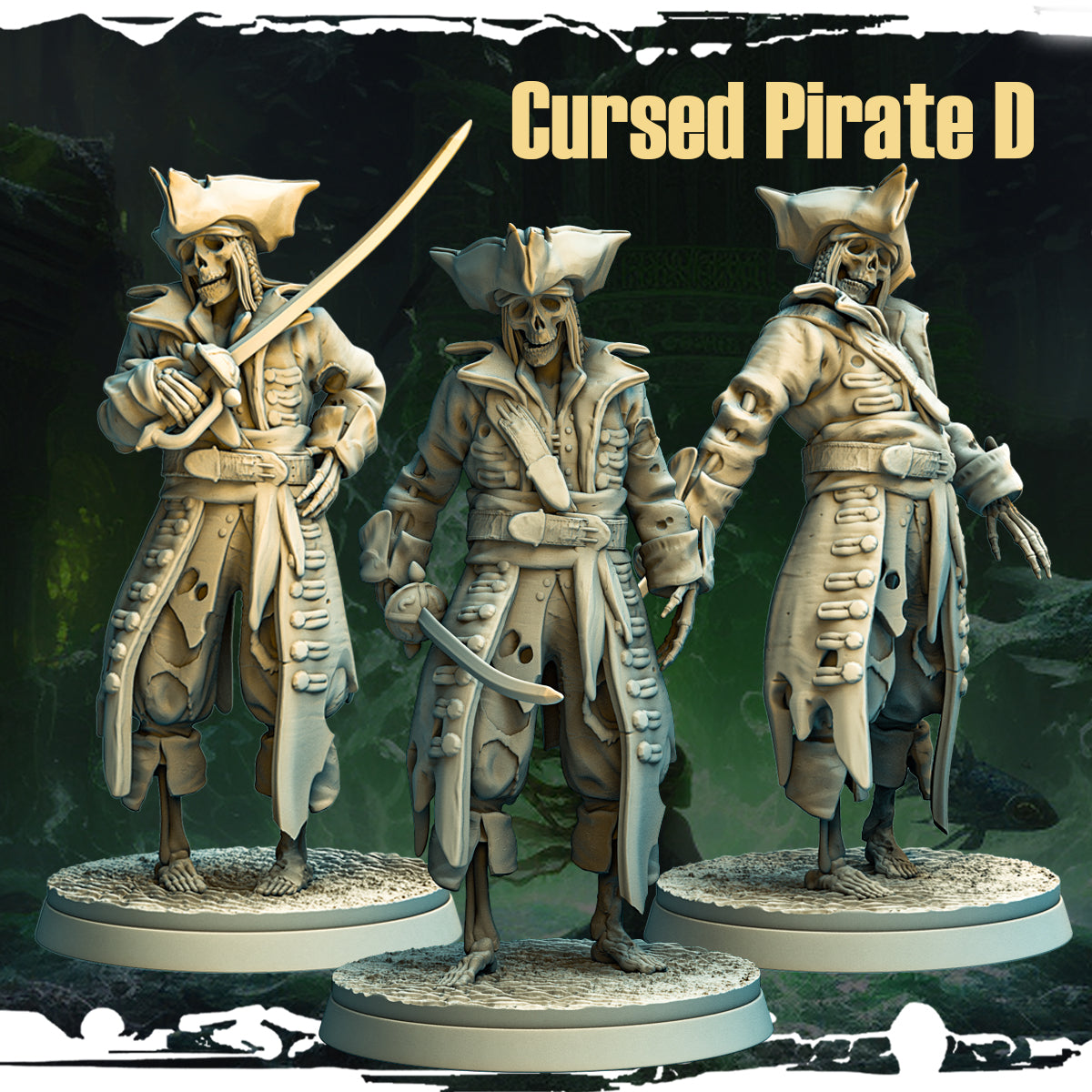Cursed Pirate D: The Harbinger of Dread - a skeletal pirate quartermaster wielding a rusted cutlass, designed by Monolith Arts and made by Mad Miniatures.
