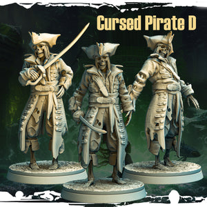 Cursed Pirate D: The Harbinger of Dread - a skeletal pirate quartermaster wielding a rusted cutlass, designed by Monolith Arts and made by Mad Miniatures.