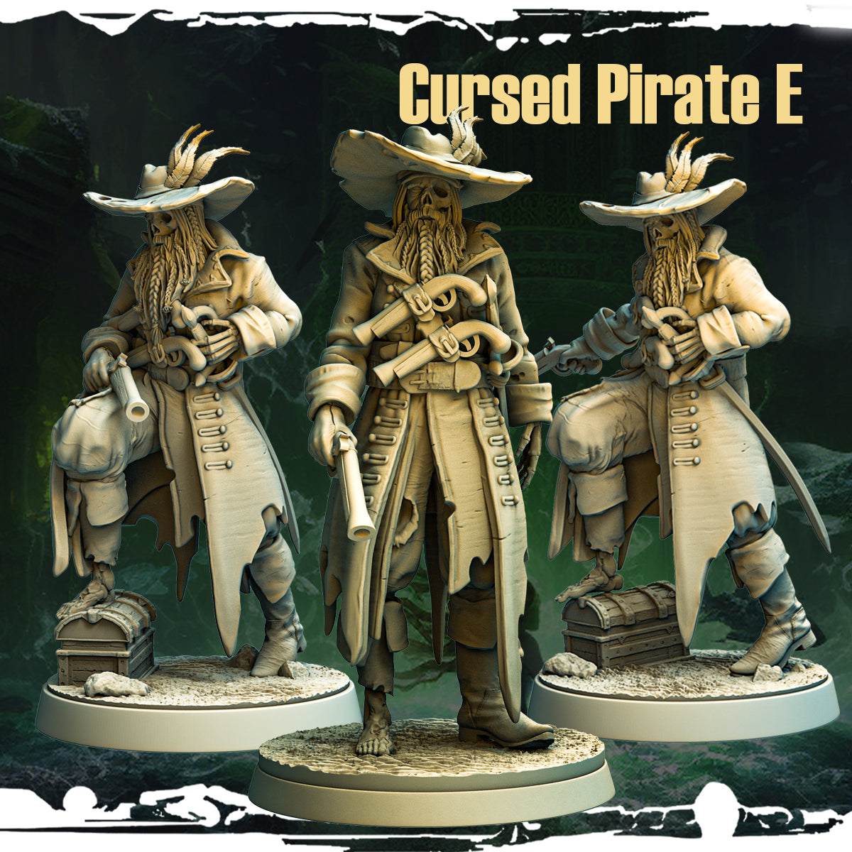 Cursed Pirate E: The Keeper of Spoils - a skeletal treasurer with a bag of gold, flintlock pistol, and treasure chest, designed by Monolith Arts for tabletop gaming.