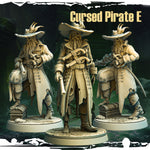 Cursed Pirate E: The Keeper of Spoils - a skeletal treasurer with a bag of gold, flintlock pistol, and treasure chest, designed by Monolith Arts for tabletop gaming.