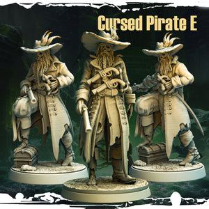Cursed Pirate E: The Keeper of Spoils - a skeletal treasurer with a bag of gold, flintlock pistol, and treasure chest, designed by Monolith Arts for tabletop gaming.