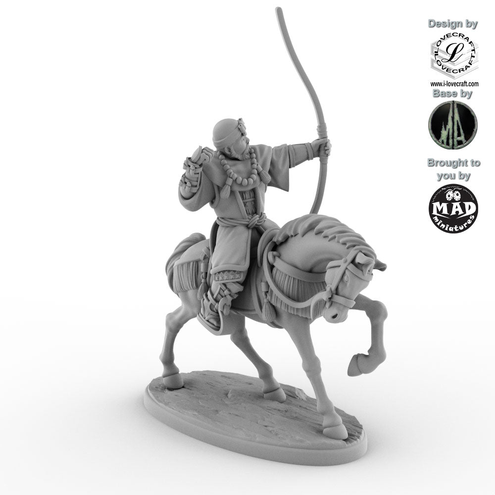 Mounted Ikko Ikki Monk Archer – detailed 32 mm miniature of a warrior monk on horseback from Iain Lovecraft’s Nippon Saga collection, by Mad Miniatures