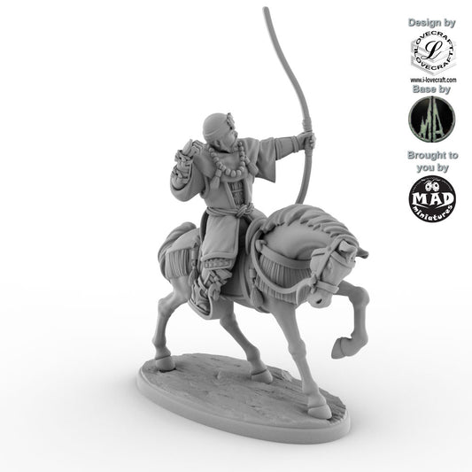 Mounted Ikko Ikki Monk Archer – detailed 32 mm miniature of a warrior monk on horseback from Iain Lovecraft’s Nippon Saga collection, by Mad Miniatures