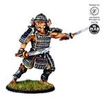 Wokou Leader – A 28mm miniature designed by Iain Lovecraft, featuring a pirate warlord in samurai armor wielding dual swords, perfect for feudal Japan skirmish games.