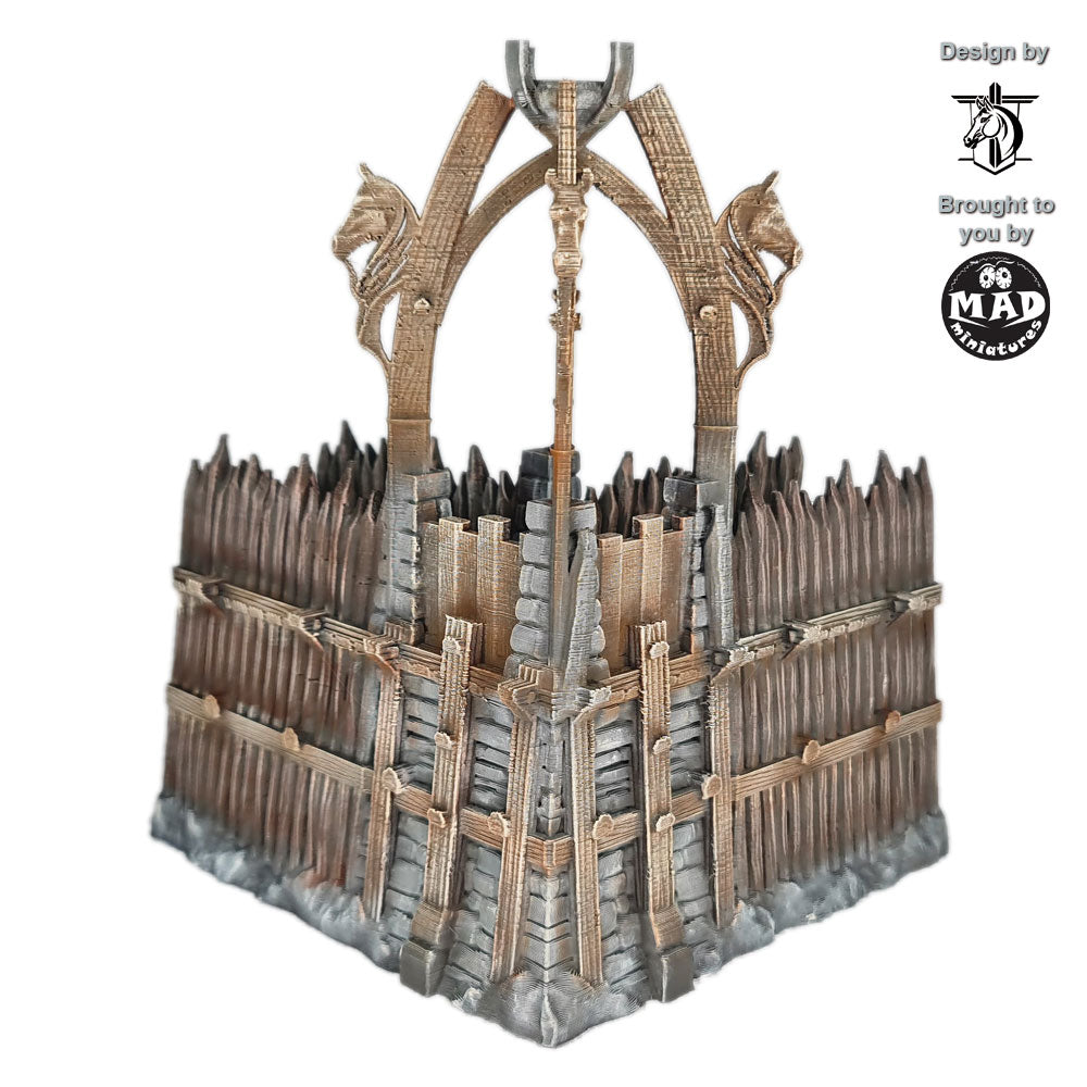 Horseheim fortification corner – timber and stone defence tower with horse-head arches, 3D-printed by Mad Miniatures