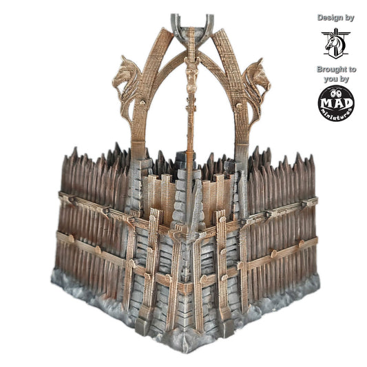 Horseheim fortification corner – timber and stone defence tower with horse-head arches, 3D-printed by Mad Miniatures