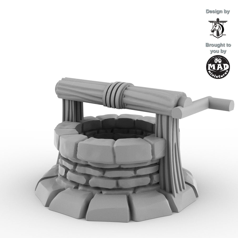 Horseheim Village Well – 3D-printed stone and timber well terrain piece by Mad Miniatures, designed by David Lann