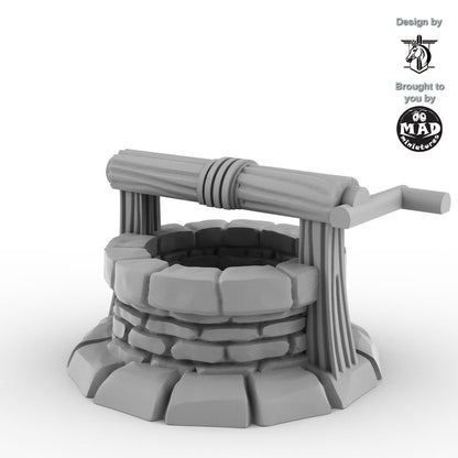 Horseheim Village Well – 3D-printed stone and timber well terrain piece by Mad Miniatures, designed by David Lann