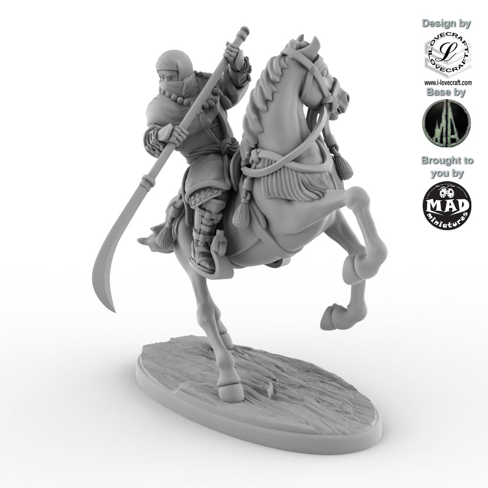 Mounted Ikko Ikki Monk with Naginata on horseback – 28 mm miniature The Silent Tempest by Mad Miniatures and Iain Lovecraft