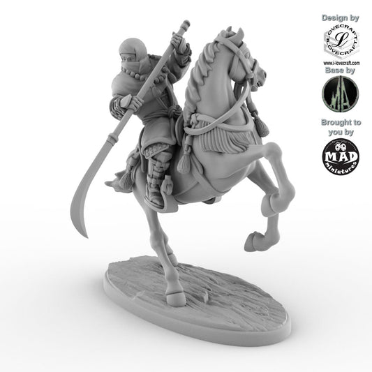 Mounted Ikko Ikki Monk with Naginata on horseback – 28 mm miniature The Silent Tempest by Mad Miniatures and Iain Lovecraft