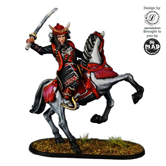 Mounted Onna Bugeisha with Katana on horseback – 28 mm miniature The Crimson Storm by Mad Miniatures and Iain Lovecraft