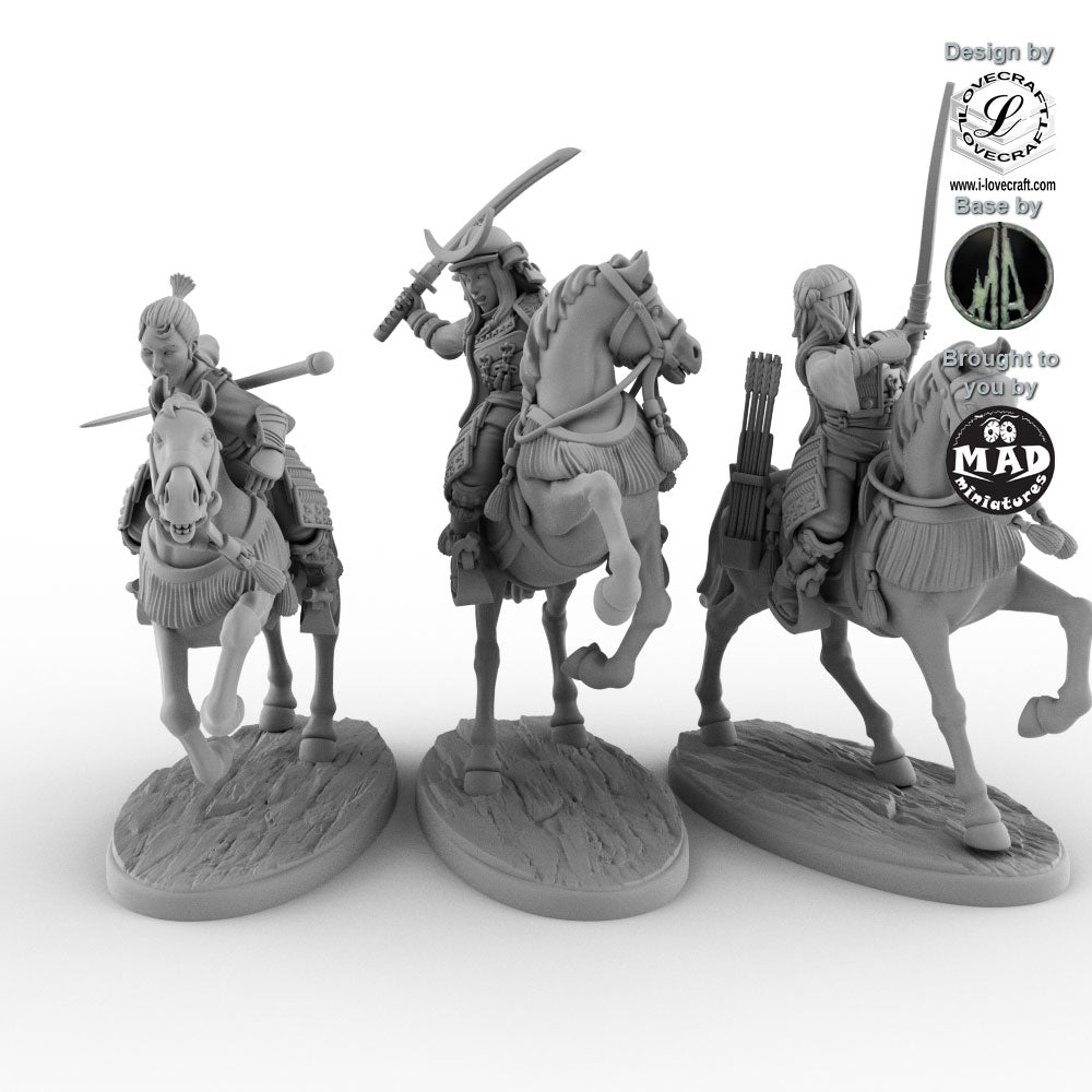 Three Mounted Onna Bugeisha riders – 28 mm miniatures from Nippon Saga 2 by Mad Miniatures and Iain Lovecraft