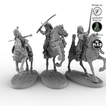 Three Mounted Onna Bugeisha riders – 28 mm miniatures from Nippon Saga 2 by Mad Miniatures and Iain Lovecraft