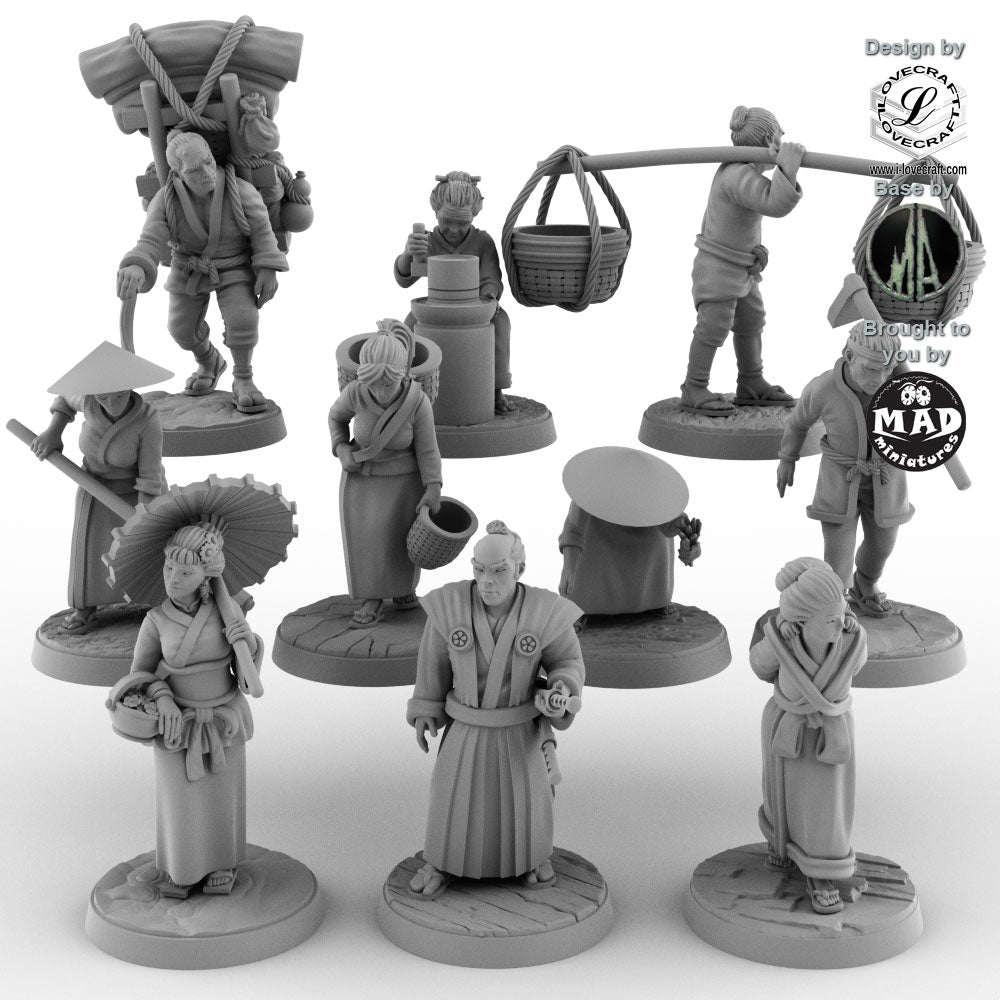 Set of 10 Japanese villagers miniatures including samurai, merchants, and peasants, Iain Lovecraft