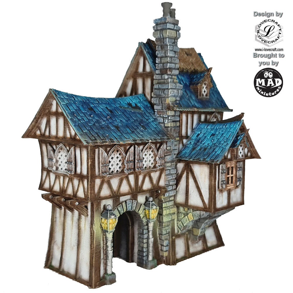 Fantasy half-timbered barracks building with detailed interior, designed by Iain Lovecraft, 28 mm scale