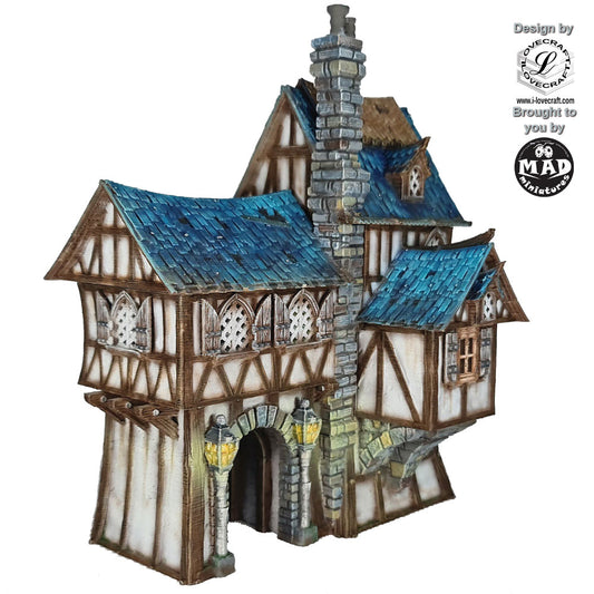 Fantasy half-timbered barracks building with detailed interior, designed by Iain Lovecraft, 28 mm scale