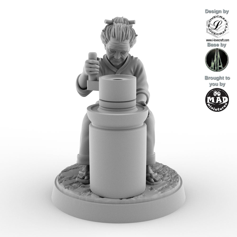 28 mm Japanese miller miniature operating a grindstone, Iain Lovecraft