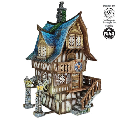 Fantasy timbered manor house terrain with balcony and detailed interior, designed by Iain Lovecraft, 28 mm scale