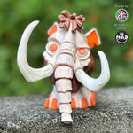 Articulated Mammoth with twisted eyes, featuring a light beige body, brown hair, and mismatched tusks, highlighting its playful, hypnotized expression.