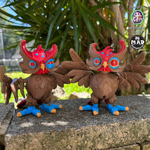 Two Creepy Owls (hypnotic and skeptical versions) sitting on a wall, staring directly at the viewer with their articulated wings and heads