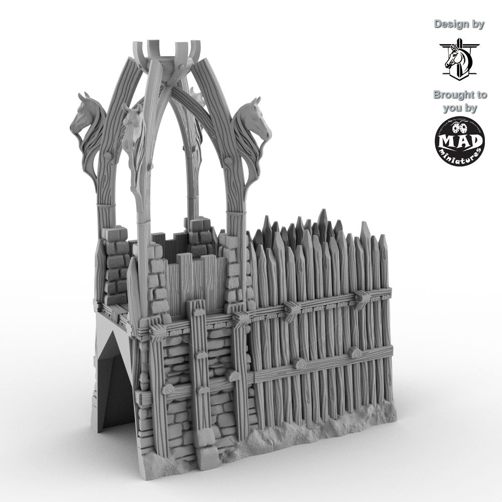 Left wall section with horse-adorned fantasy tower for 28mm/32mm tabletop terrain.