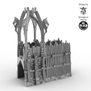Left wall section with horse-adorned fantasy tower for 28mm/32mm tabletop terrain.