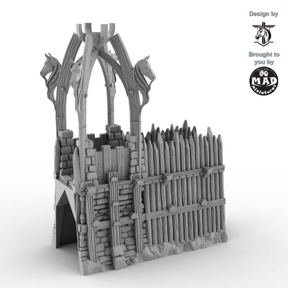 Left wall section with horse-adorned fantasy tower for 28mm/32mm tabletop terrain.