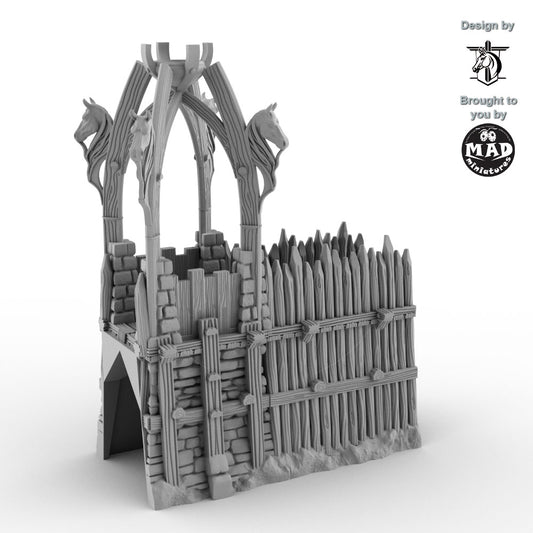 Left wall section with horse-adorned fantasy tower for 28mm/32mm tabletop terrain.