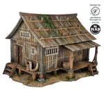 28mm traditional Japanese farmhouse with sloped roof and detailed interior – Nippon Saga by Iain Lovecraft, printed by Mad Miniatures.